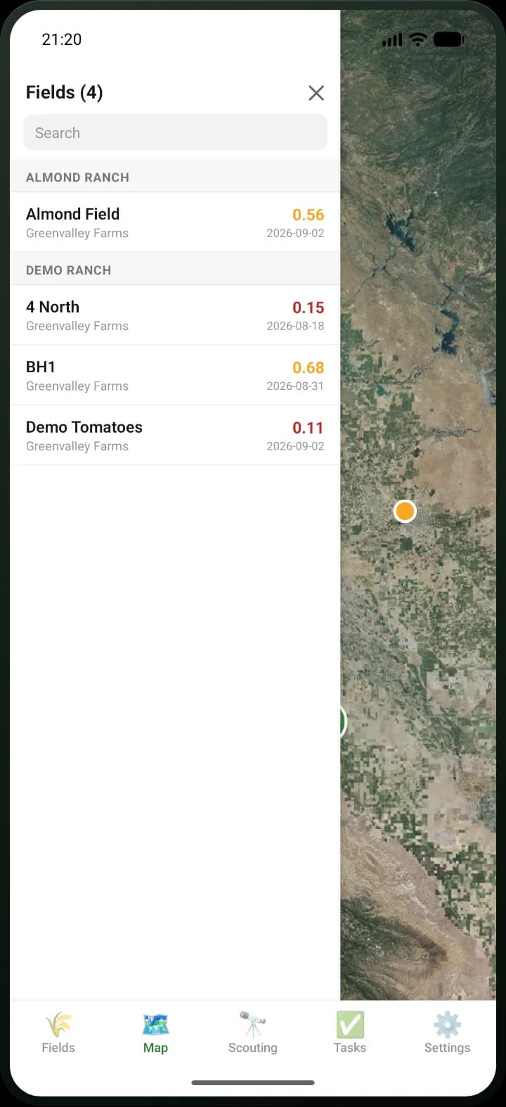 Map tab showing all fields colored by their latest vegetation index, with the field list expanded